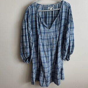 Max Studio Plaid Ruffle Hem Balloon Sleeve Babydoll Dress Blue Size xl